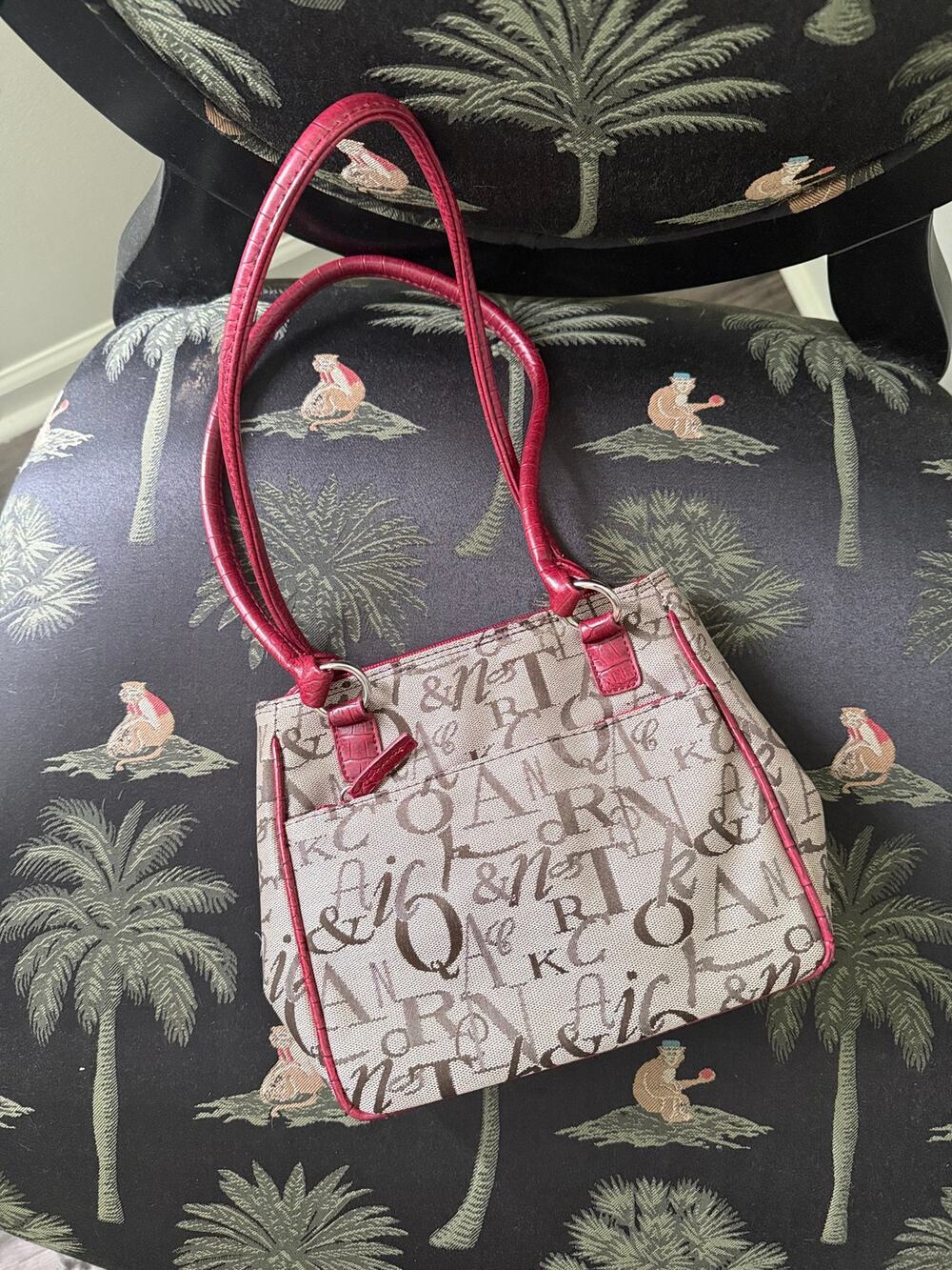 Vintage Y2K Monogram Canvas Shoulder Bag Red Croc Trim Mini Tote Purse